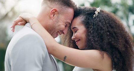 Image showing Wedding, couple and love dancing outdoor together with happiness for celebration, care and commitment. Marriage, man and woman moving with hug, bride and groom embrace for first dance in nature