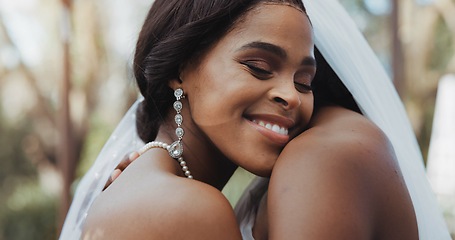 Image showing Lesbian, marriage and couple hug at wedding for commitment, love celebration and ceremony. Relationship, African and women dance for lgbt, queer and gay romance for connection, care and bonding