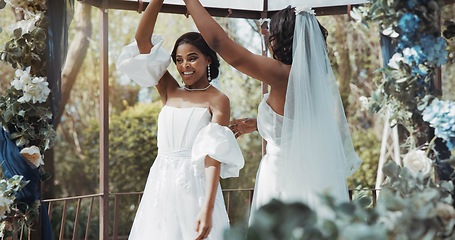 Image showing Lesbian, marriage and couple dance at wedding for commitment, celebration and ceremony. Love, African women and brides dancing for lgbt, queer and gay romance for relationship, care and bonding