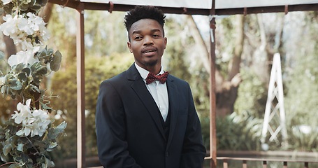 Image showing Wedding, black man and groom waiting outdoor with anxiety, stress and happy for ceremony or commitment in nature. Marriage, person and formal getting ready in aisle for partner with tuxedo and style