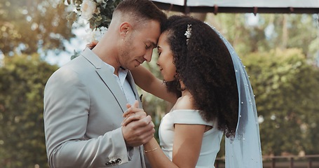 Image showing Couple, wedding and dancing with touch, countryside and commitment in celebration, love and smile. Interracial marriage, fashion and happy in outdoor, peace and romance of union and trust