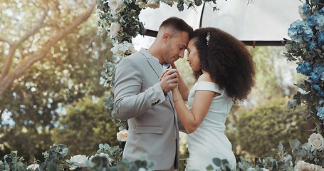 Image showing Love, dance and couple at wedding for commitment and in celebration at a outdoor marriage ceremony or event for trust. Husband, wife and happy woman or bride with smile and care for partner together