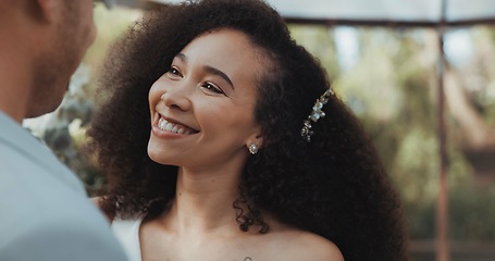 Image showing Love, dancing and bride at wedding for commitment and in celebration at a outdoor marriage ceremony or event for trust. Husband, wife and happy woman with smile and care for partner together