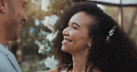 Image showing Love, dancing and bride at wedding for commitment and in celebration at a outdoor marriage ceremony or event for trust. Husband, wife and happy woman with smile and care for partner together