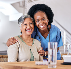 Image showing Portrait, smile and assisted living caregiver with an old woman in the living room of a home together. Healthcare, support or community with a happy nurse or volunteer and senior patient in a house