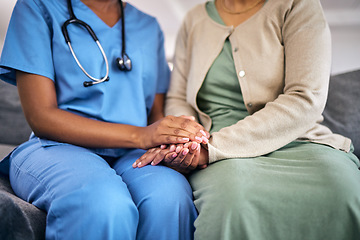 Image showing Hands, empathy and help, caregiver with patient at retirement home and elderly care with support. People sitting together, healthcare and wellness with advice, kindness and respect with trust