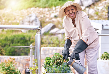 Image showing Water, plants and old woman outdoor gardening with flowers, sun and happiness in backyard nature. Happy, senior or elderly farmer with care for vegetables or agriculture greenery in house environment