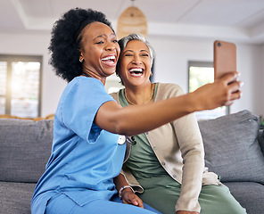 Image showing Selfie, phone and assisted living caregiver with an old woman in the living room of a home together. Social media, support or community with a happy nurse or volunteer and senior patient in a house