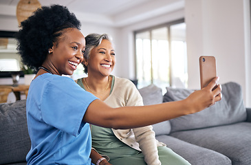 Image showing Selfie, phone and assisted living nurse with an old woman in the home living room together. Profile picture, support or community with a happy caregiver or volunteer and senior patient in a house