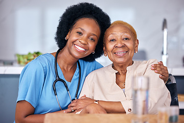 Image showing Portrait, smile and assisted living caregiver with an old woman in a retirement home together. Healthcare, support or community with a happy nurse or volunteer and senior patient hugging in a house