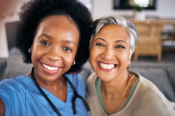 Image showing Selfie, smile and assisted living caregiver with an old woman in the living room of a home together. Portrait, support or community with a happy nurse or volunteer and senior patient in a house