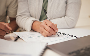 Image showing People, hands and writing with pen on documents for application, form or contract together at home. Closeup of couple filling in paperwork for finance, investment or signature on legal policy or desk