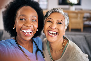 Image showing Selfie, face and assisted living caregiver with an old woman in the living room of a home together. Portrait, smile or support with a happy nurse or medical volunteer and senior patient in a house