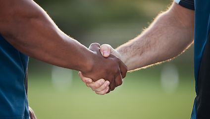 Image showing People, handshake and team sports for motivation, meeting or partnership together in nature. Closeup of athlete shaking hands in fitness, unity or teamwork for training, workout or outdoor exercise