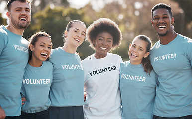 Image showing Portrait, hug and volunteer group with a smile, outdoor and nature with community, climate activist and support. Face, people and leader outside, environment and teamwork with care and sustainability