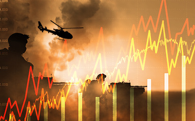 Image showing War, finance chart and double exposure for trading, tank or helicopter for soldier on battlefield. Global conflict, stock market and currency crash for sanction, explosion or smoke in Ukraine warzone