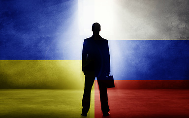 Image showing Business man, Ukraine and Russia flag for deal, choice and immigration from warzone with sanction. Politics, government and finance crisis in trading war, global conflict and entrepreneur silhouette
