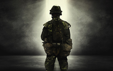 Image showing Soldier, back and ready for war, battlefield or fight for nation, government or land in Ukraine. Military agent, army service person and conflict in warzone for freedom, justice or courage on mission