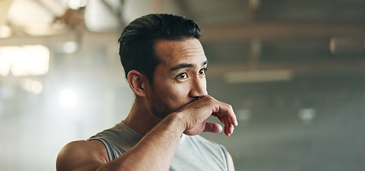 Image showing Happy asian man, fitness and drinking water after workout, exercise or training at indoor gym. Active and thirsty male person with mineral liquid for natural nutrition, sports diet or sustainability