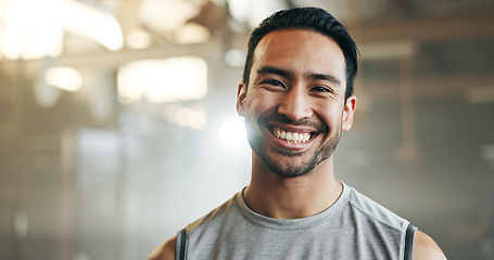 Image showing Happy, face and man in the gym for workout, training or body builder with happiness, health and wellness in sports center. Fitness, portrait and Indian athlete thinking of exercise goals with smile