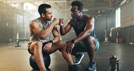 Image showing Fitness, men and fist bump in gym with confidence, workout motivation and exercise class. Diversity, friends and wellness portrait of athlete with coach ready for training and sport at a health club