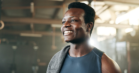 Image showing Smile, fitness and face of black man at a gym for training, exercise and athletics routine. Happy, mindset and African male personal trainer at sports studio for workout, progress and body challenge