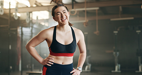 Image showing Gym, face and happy woman with positive attitude, mindset and laughing after training routine. Portrait, smile and lady athlete at sports center confident, ready and enjoy fitness or health lifestyle