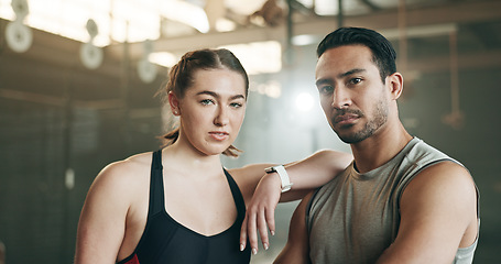 Image showing Fitness, friends and face in gym with confidence, workout and exercise class. Diversity, young people and wellness portrait of serious athlete with coach ready for training and sport at a health club