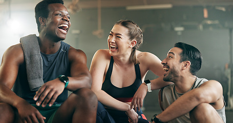 Image showing Fitness, group and laughing in gym with confidence, workout and exercise class. Diversity, friends and wellness portrait of funny athlete with community ready for training and sport at a health club