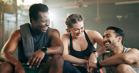 Image showing Fitness, group and laughing in gym with confidence, workout and exercise class. Diversity, friends and wellness portrait of funny athlete with community ready for training and sport at a health club