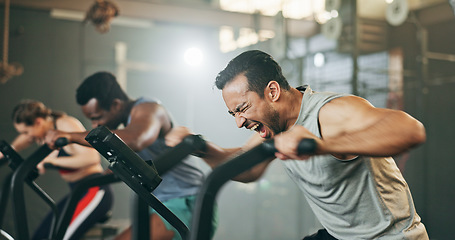 Image showing People, diversity and cycling at gym in fitness, workout or intense cardio exercise together and motivation. Diverse group burning sweat on bicycle machine for healthy body, wellness or lose weight