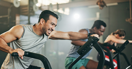 Image showing People, diversity and cycling at gym in fitness, workout or intense cardio exercise together and motivation. Diverse group burning sweat on bicycle machine for healthy body, wellness or lose weight