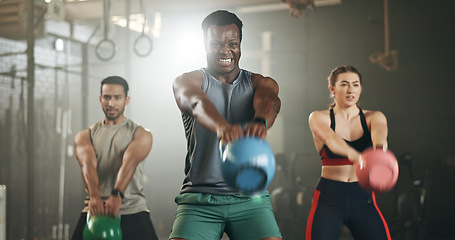 Image showing People, fitness and squat at gym with kettlebell in workout class, exercise or training together. Personal trainer with active group in sports, lose weight or muscle endurance at indoor health club