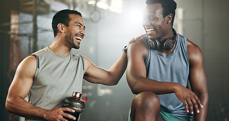 Image showing Happy man, friends and high five in fitness, workout or exercise in teamwork, motivation or gym together. People touching hands in success for sports training, healthy wellness or team in body goals