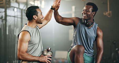 Image showing Happy man, friends and high five in fitness, teamwork or workout in exercise, motivation or gym together. People touching hands in success for sports training, healthy wellness or team in body goals