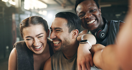 Image showing Selfie, funny face and fitness with friends at gym for social media, workout and health. Support, profile picture and wellness with people and training for teamwork, photography and exercise together