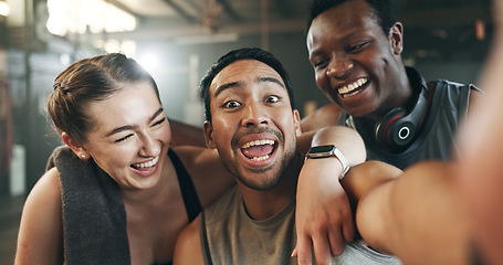 Image showing Happy people, friends and selfie in fitness, photography or memory together after workout at gym. Portrait of group smile in happiness for photograph, picture or social media at indoor health club