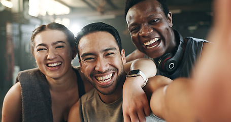 Image showing Happy people, friends and selfie in fitness, photography or memory together after workout at gym. Portrait of group smile in happiness for photograph, picture or social media at indoor health club