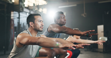 Image showing Gym, group of people in class for muscle building endurance, strong body and balance power in fitness. Commitment, men and woman with personal trainer for workout, motivation and exercise challenge.