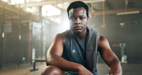 Image showing Face, gym and black man with fitness, exercise and endurance training with wellness, health and progress. Portrait, African person or guy with workout, relax and confidence with sports or bodybuilder