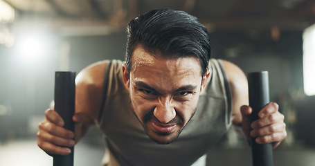 Image showing Man at gym, weight sled and muscle building endurance, strong body and balance power in fitness. Commitment, motivation and bodybuilder in workout challenge for health and wellness on push machine.