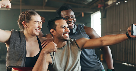 Image showing Selfie, motivation and fitness with friends at gym for social media, workout and health. Support, profile picture and wellness with people and training for teamwork, photography and exercise together