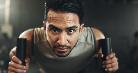 Image showing Man at gym, weight sled and muscle building endurance, strong body and balance power in fitness. Commitment, motivation and bodybuilder in workout challenge for health and wellness on push machine.