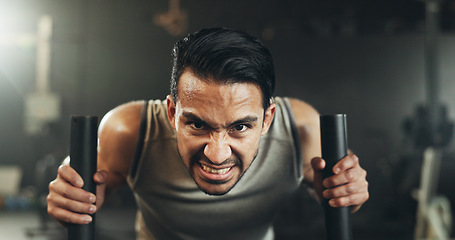 Image showing Man at gym, weight sled and muscle building endurance, strong body and balance power in fitness. Commitment, motivation and bodybuilder in workout challenge for health and wellness on push machine.