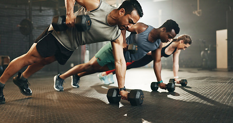 Image showing Gym, group and dumbbell rowing exercise for power, muscle and challenge in workout class. Diversity of strong people, bodybuilding and push up with weights for fitness, healthy training and action