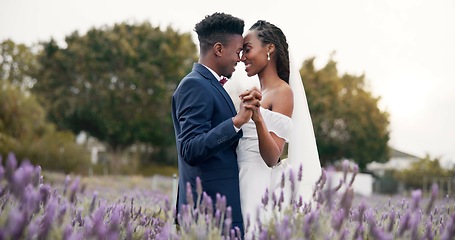 Image showing Wedding, dancing and black couple in garden for reception, celebration and excited future together. Gazebo, man and woman with smile at marriage with flowers, music and happiness at party in nature.