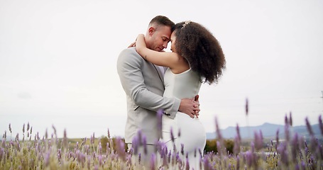 Image showing Outdoor, hug and couple with celebration, wedding and romance with marriage, happiness and countryside. Man, happy woman and embrace with commitment, love and bride with groom, summer and romantic