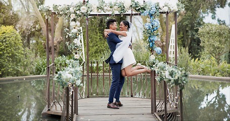 Image showing Couple, wedding and dance with spin in celebration of ceremony with gratitude, smile or support. Happy partnership, laugh or marriage in romance with excited for beauty, dress or commitment in garden