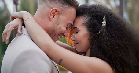 Image showing Wedding dance, couple closeup and hug in park gazebo outdoor with love, commitment and trust together. Garden, romance and ceremony with bride and groom with calm and care with embrace and smile