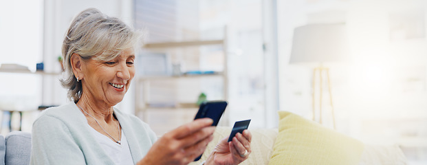 Image showing Happy, phone or old woman online shopping with credit card for discount sale on digital fintech website. Financial ecommerce payment, smile or excited elderly person on sofa internet banking at home